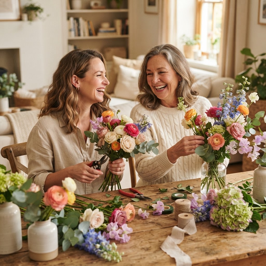 A mother and daughter enjoying flower arranging together at a Passport Journeys event