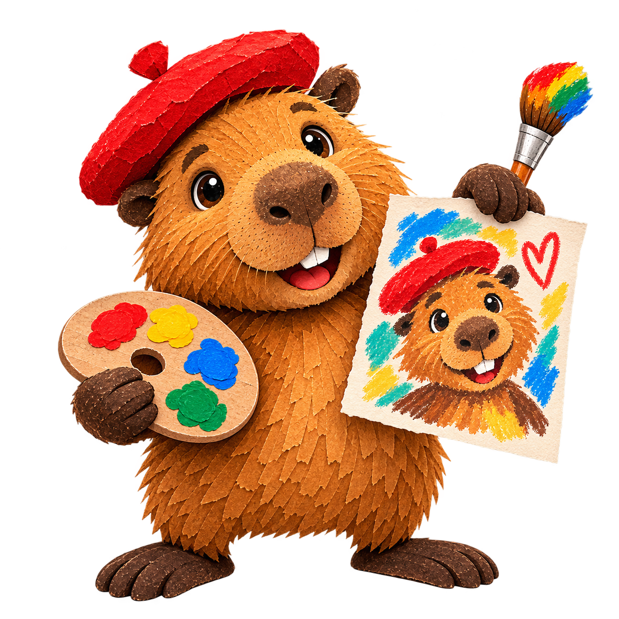 CAPI, das Capybara-Maskottchen mit Palette und Pinsel