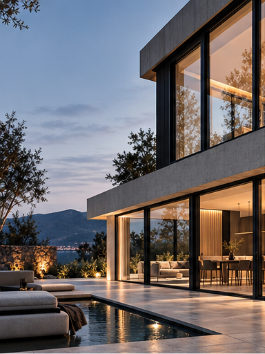 Contemporary residence with floor-to-ceiling glazing and slim aluminium frames at dusk