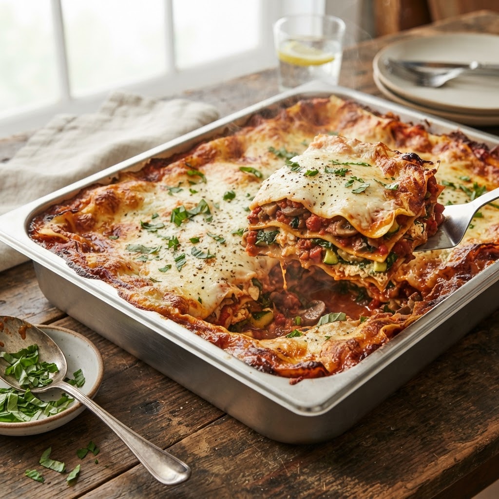 Veggie Lasagna loaded with herbs spices and extra cheesy