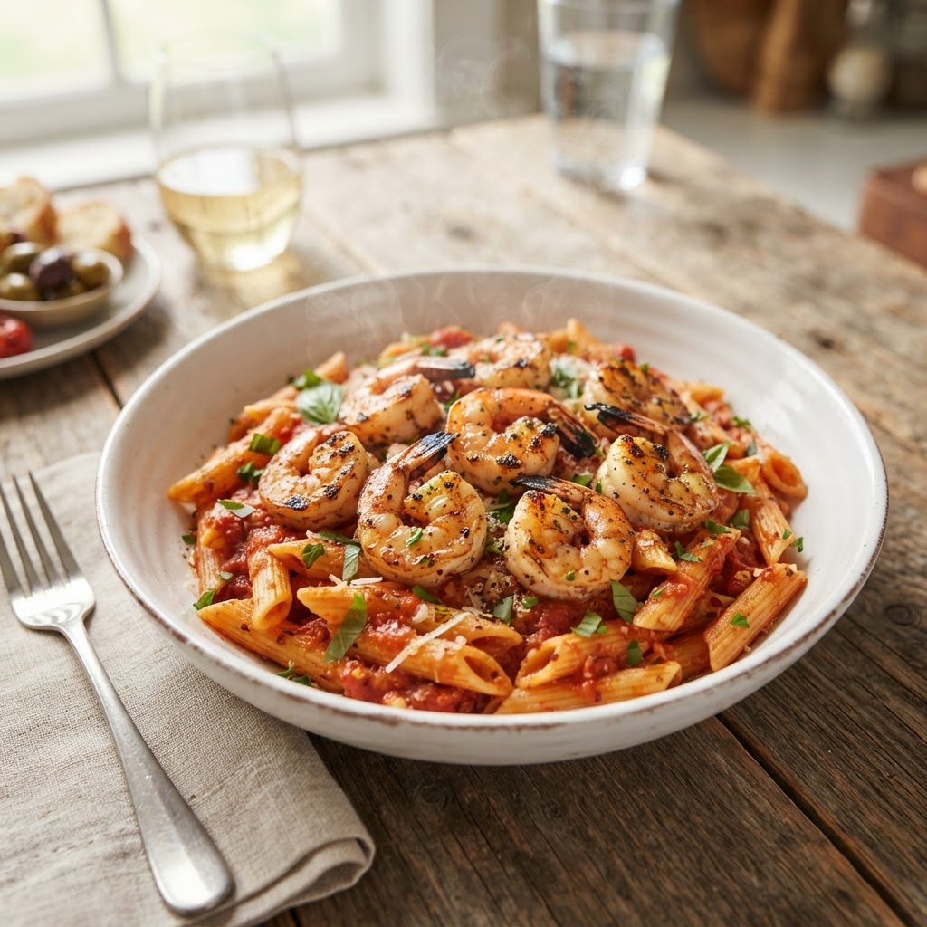 Penne Arabbiatta w Grilled Shrimp