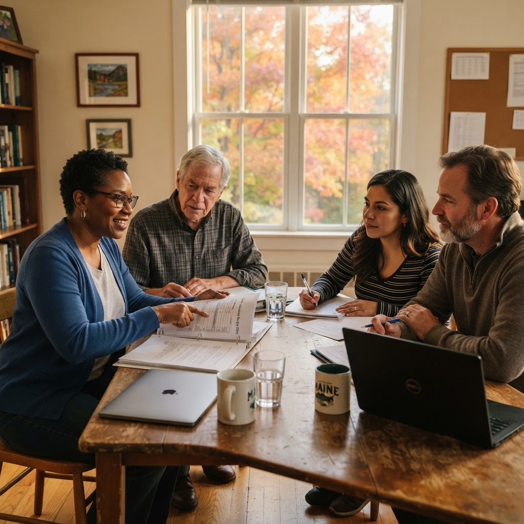 Condo association board members reviewing budget documents together at a community meeting in a bright New England meeting room