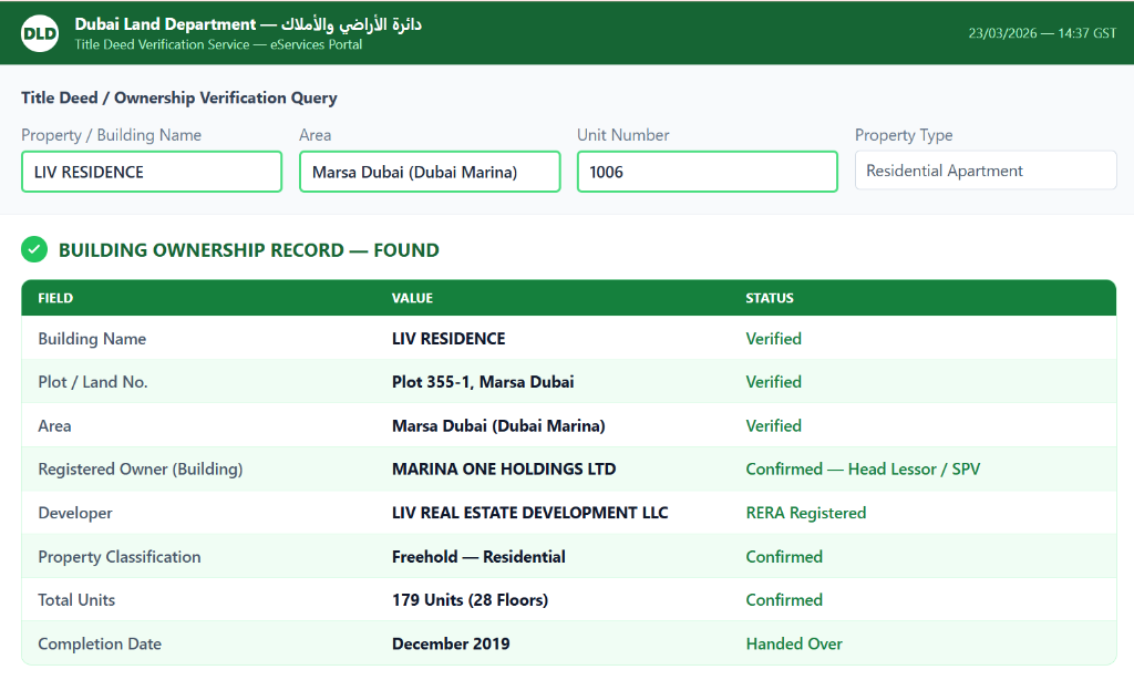 Dubai Land Department Title Deed Verification — LIV Residence Unit 1006 — Screenshot 23 March 2026