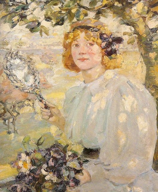 A woman with a hand mirror in a sunlit garden