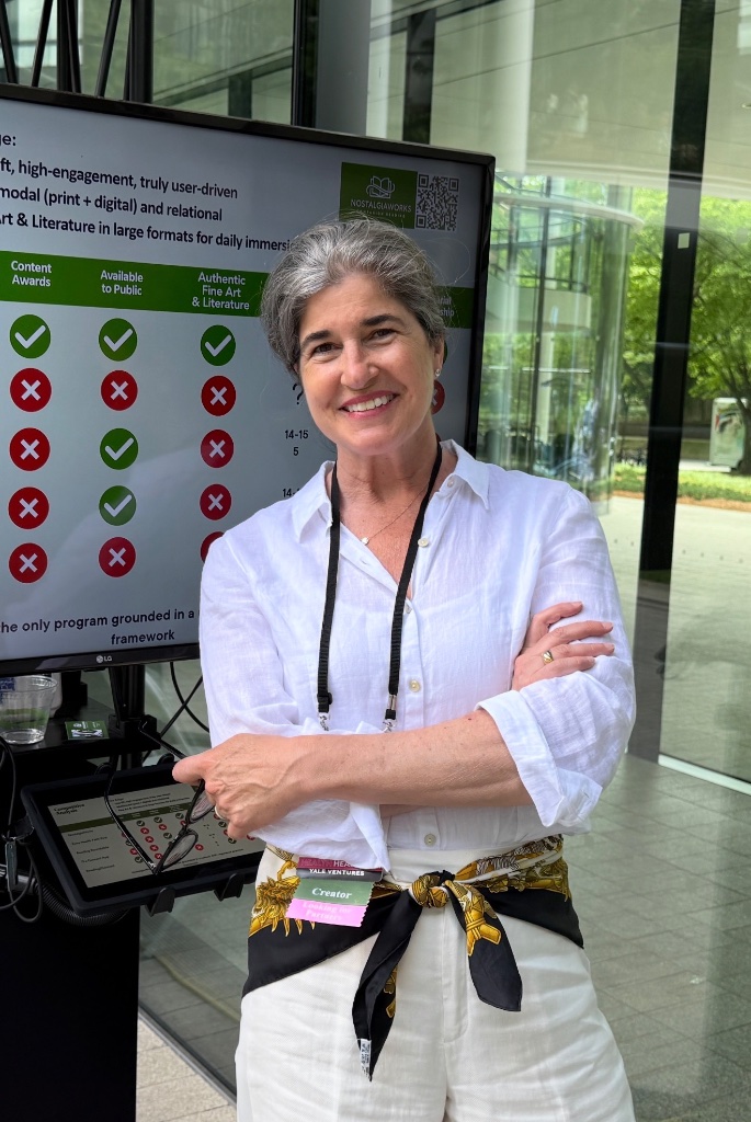 Laurette Klier presenting NostalgiaWorks at Yale Ventures