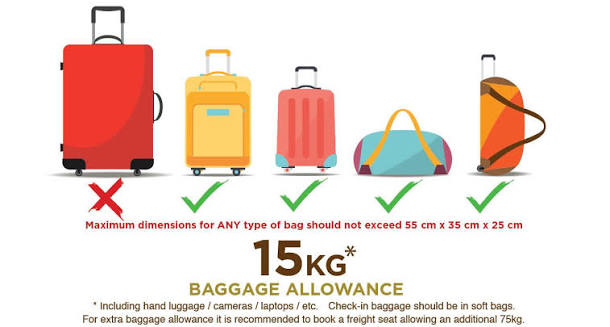 Luggage limits guide - soft-sided bags only, 15kg baggage allowance