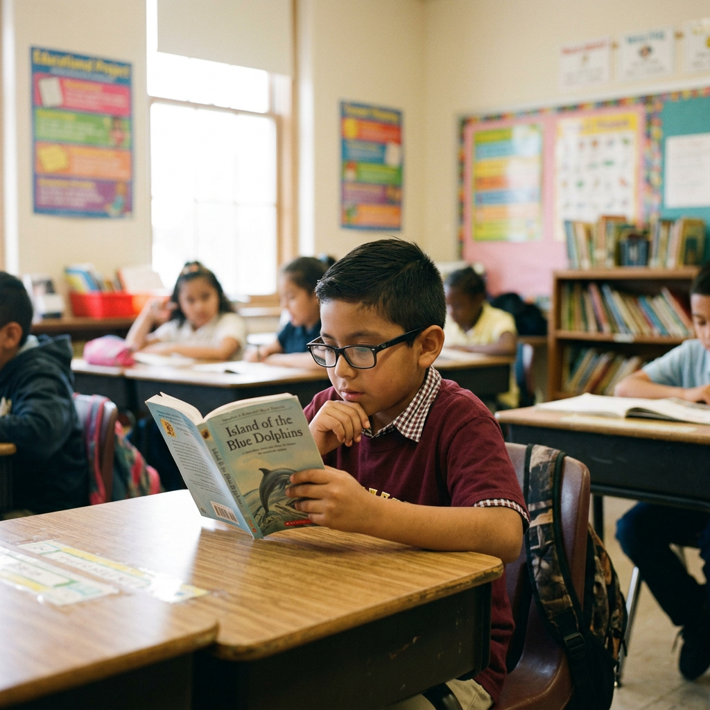 Latino boy with glasses reading