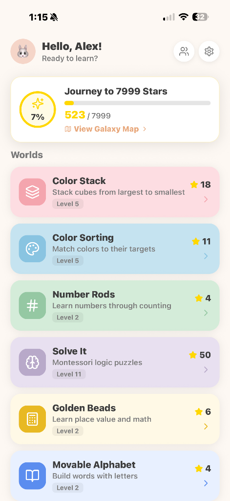 Montessori Kids – YHO app — home screen showing six learning worlds