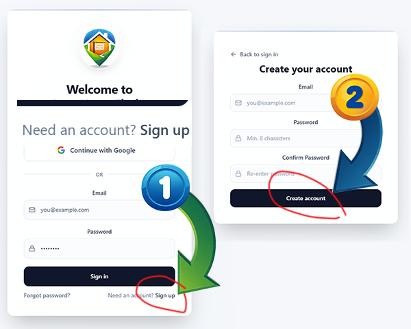 Step 1: Click Sign up on the welcome screen. Step 2: Click Create account to finish.