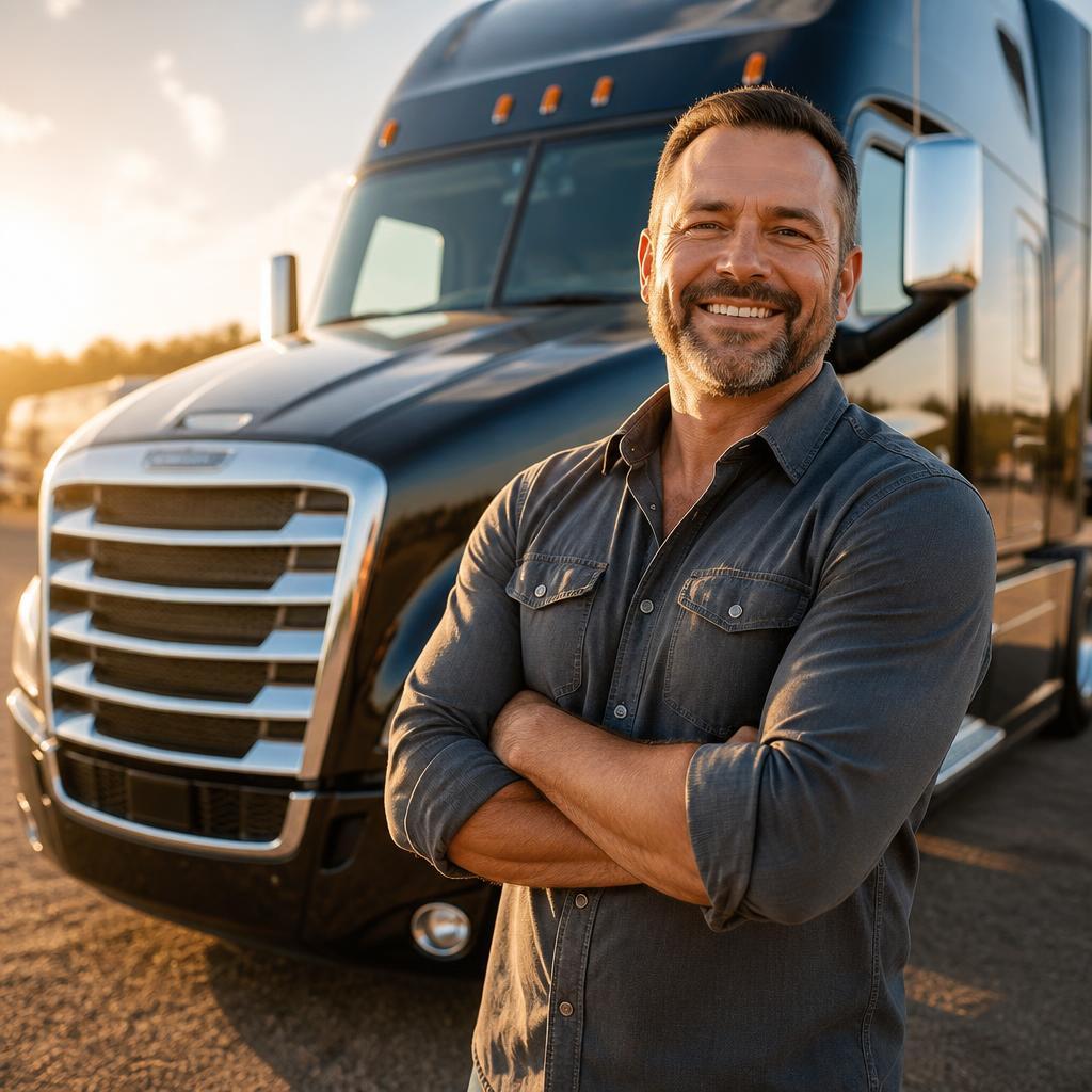 A smiling independent truck driver standing with arms crossed in front of his truck.