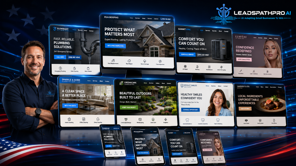 Examples of custom small business websites built by LeadspathPRO AI across plumbing, roofing, HVAC, med spa, cleaning, landscaping, dental, and restaurant industries