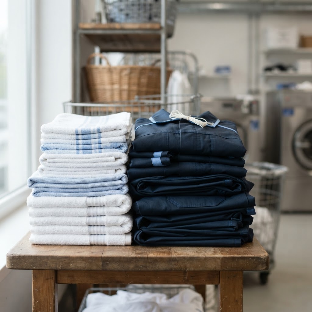 Folded business towels and workwear ready for assessment