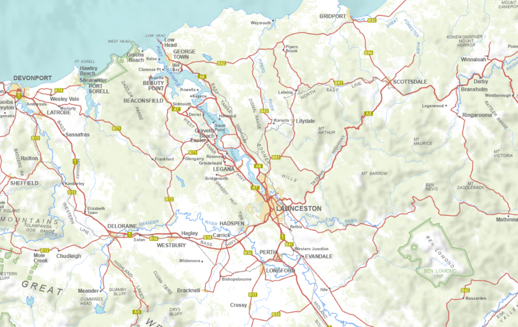 Indicative road map of Northern Tasmania showing OneTwoKlean service regions: George Town and Tamar Valley, Launceston and surrounding localities, Northern Midlands and Meander Valley, North-East Tasmania, and Port Sorell and surrounds.