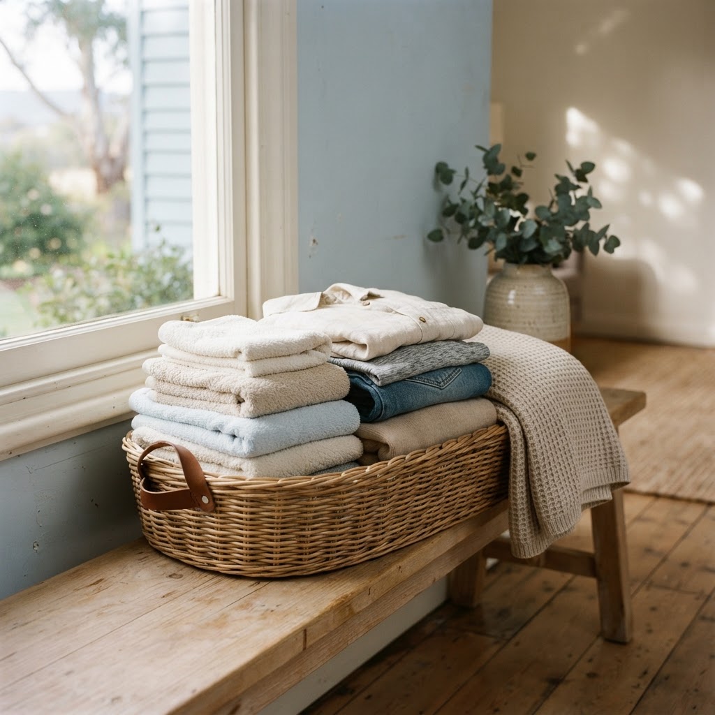 Neatly folded household laundry ready for return