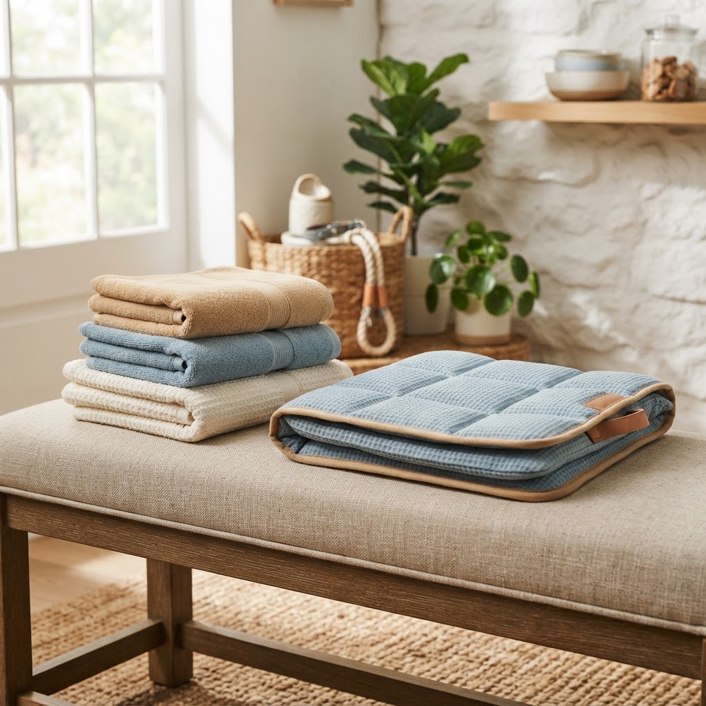 Clean folded pet towels and a washable crate mat