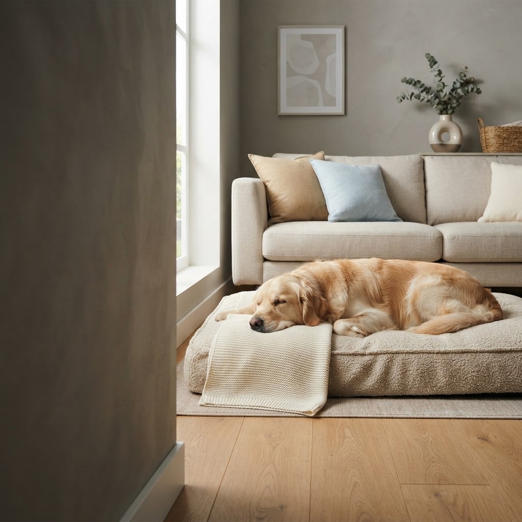 Clean pet bedding beside a resting dog