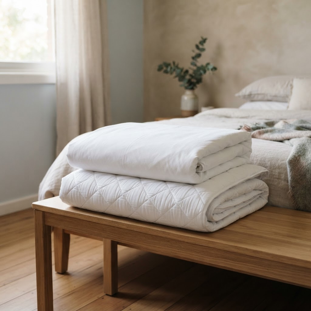 Folded doona and mattress protector