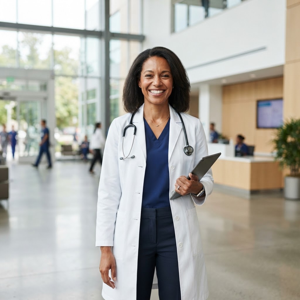 Smiling physician standing in a bright hospital corridor