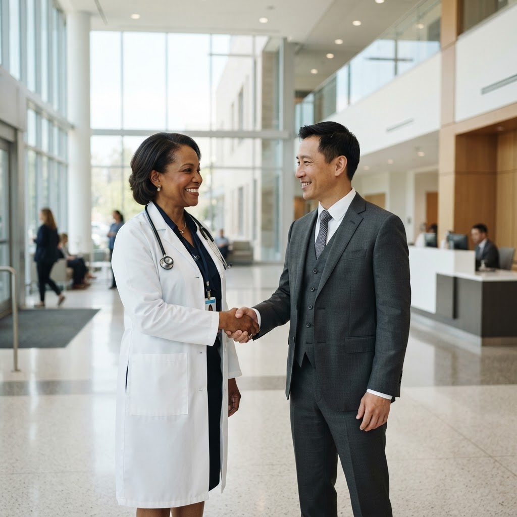 Healthcare leaders shaking hands in a bright hospital lobby