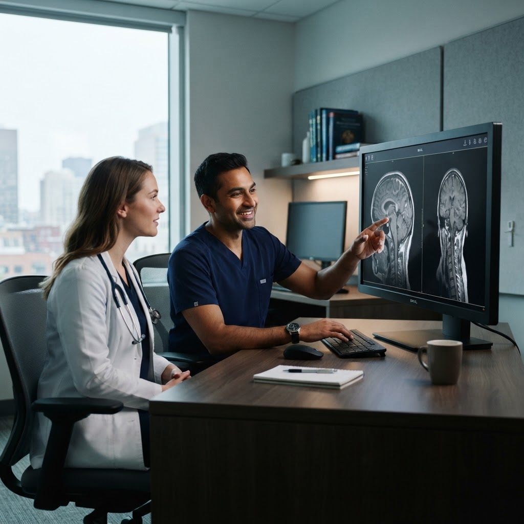 Clinicians reviewing medical imaging in a bright reading room