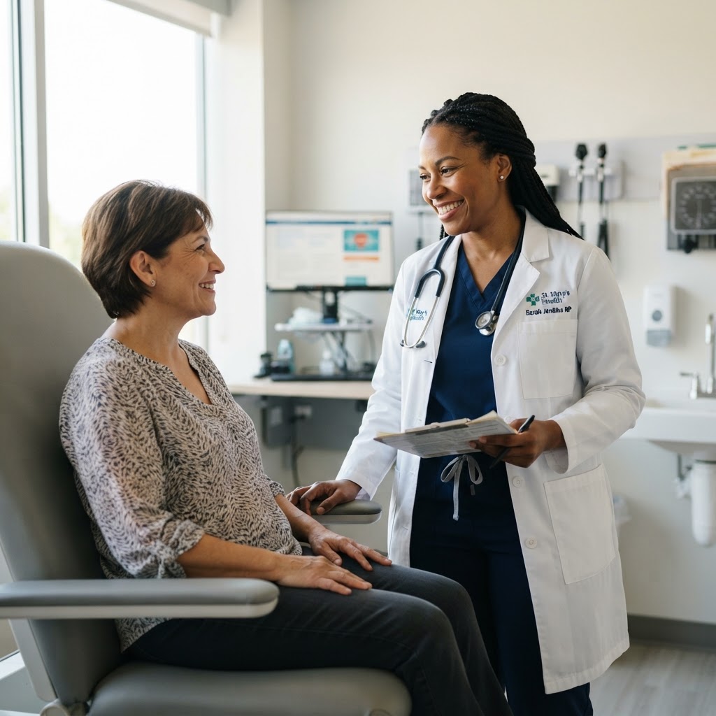 Nurse practitioner smiling while speaking with a patient in a bright modern exam room