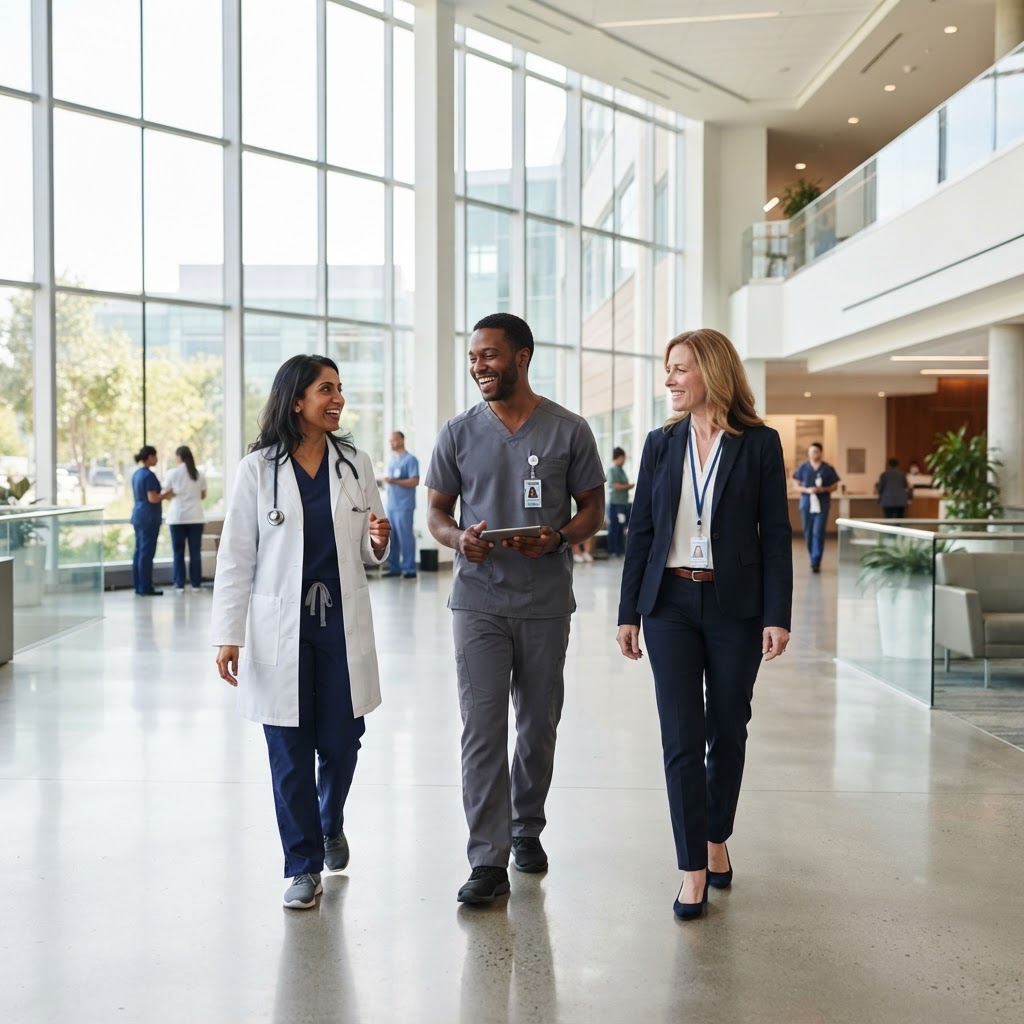 Healthcare professionals walking together in a bright modern hospital