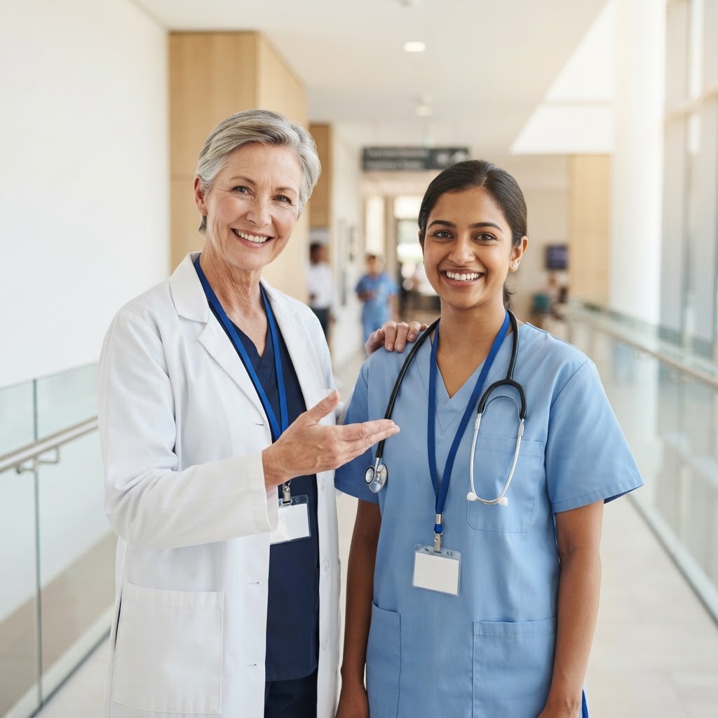 A physician warmly introducing a colleague in a bright hospital corridor