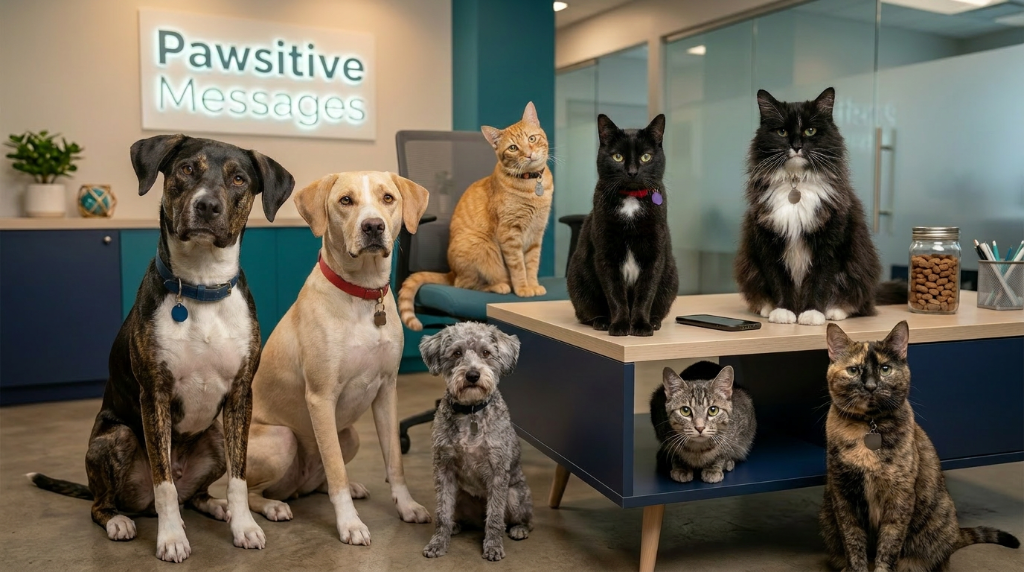 The Pawsitive Messages team — a lineup of dogs and cats gathered in the office under the Pawsitive Messages sign