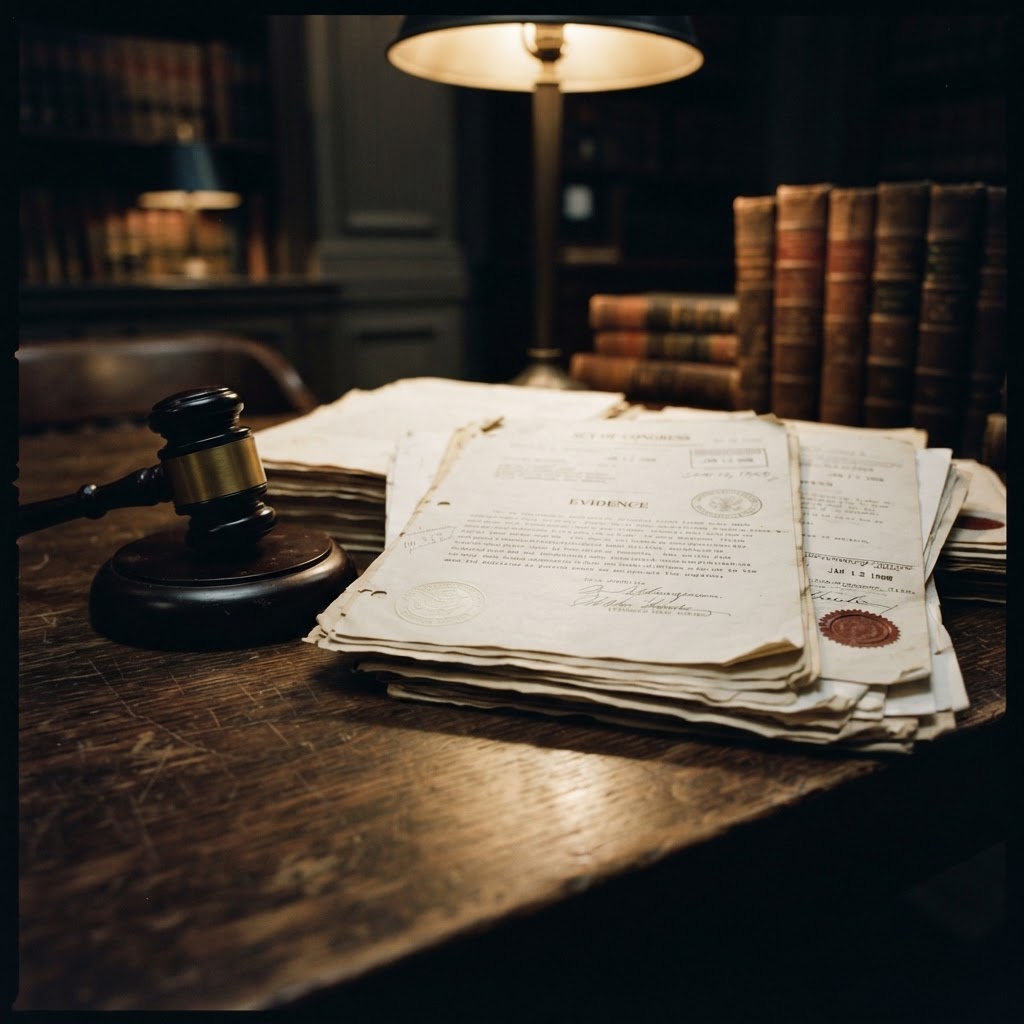 Historic legal documents with embossed government seals and a wooden gavel.