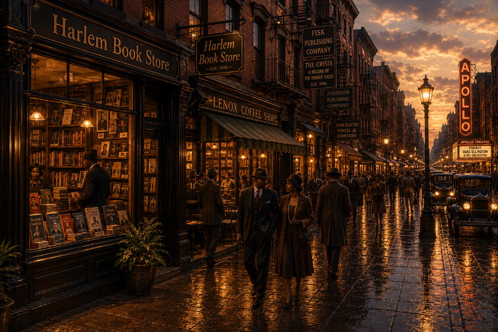 Cinematic golden-hour entrance to the Harlem Renaissance district — a warmly illuminated independent bookstore, brownstone architecture, publishers, theaters, rain-soaked sidewalks, and vintage automobiles evoking the literary neighborhood of late-1920s Harlem.