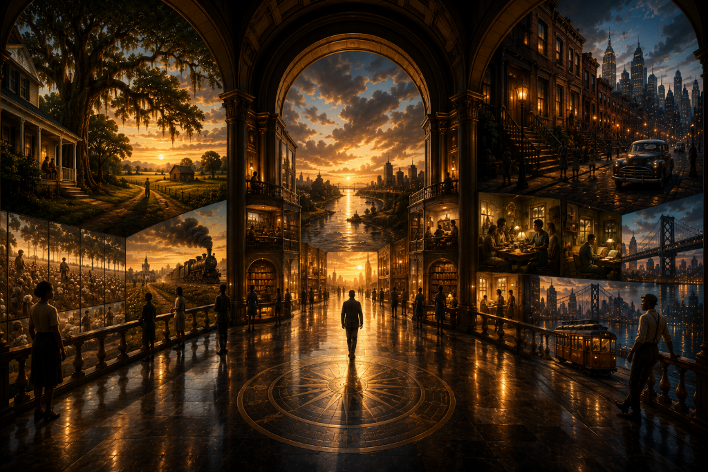 A cinematic environmental entrance to the Black American Novel Wing — a grand architectural gateway whose arches and galleries open into interconnected American landscapes: rural Southern porches, rivers, railroads, small towns, city brownstones, and industrial skylines, all unified by warm golden-hour light, deep atmospheric perspective, and subtle figures walking toward the threshold of countless stories.