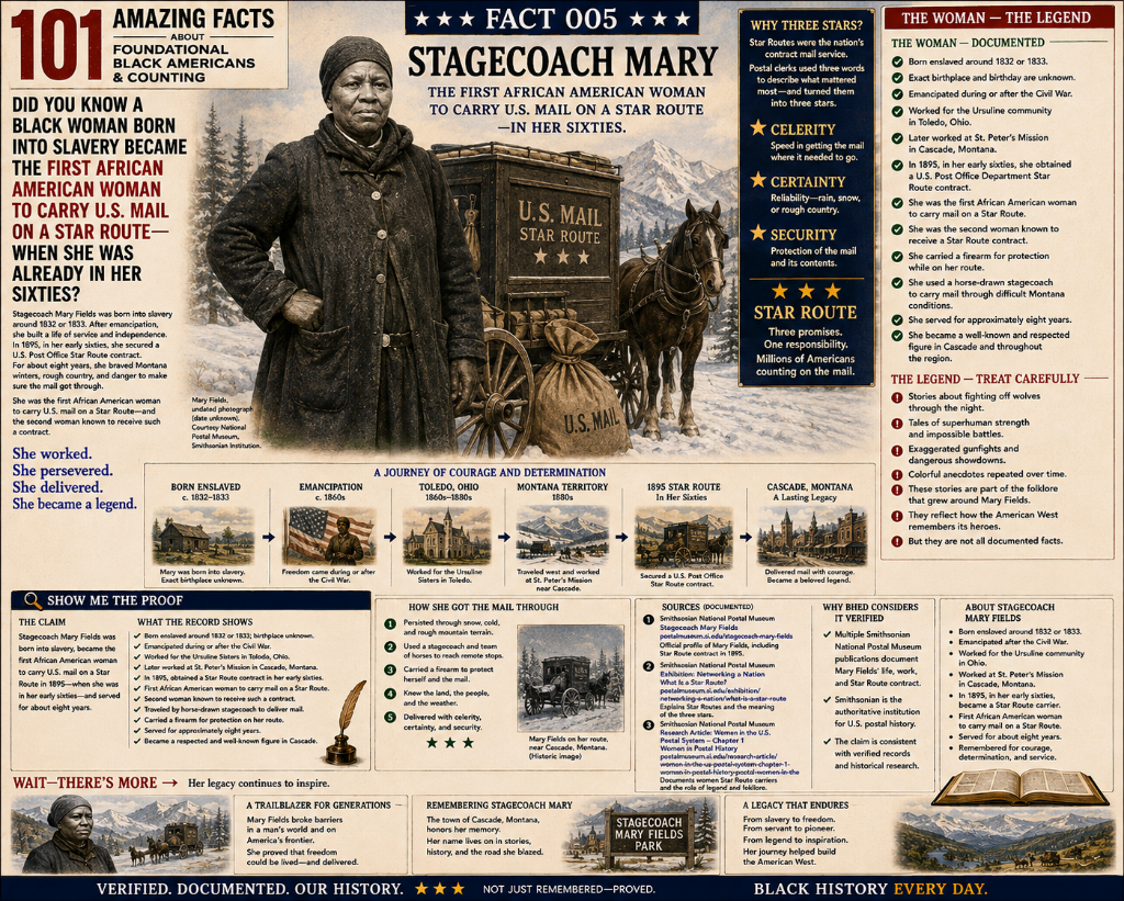 Illustrated historical poster depicting Stagecoach Mary Fields and her Star Route mail contract, highlighting her journey from enslavement to becoming the first African American woman to carry U.S. mail, the meaning of the three stars, and the distinction between her documented history and the legend that grew around her.