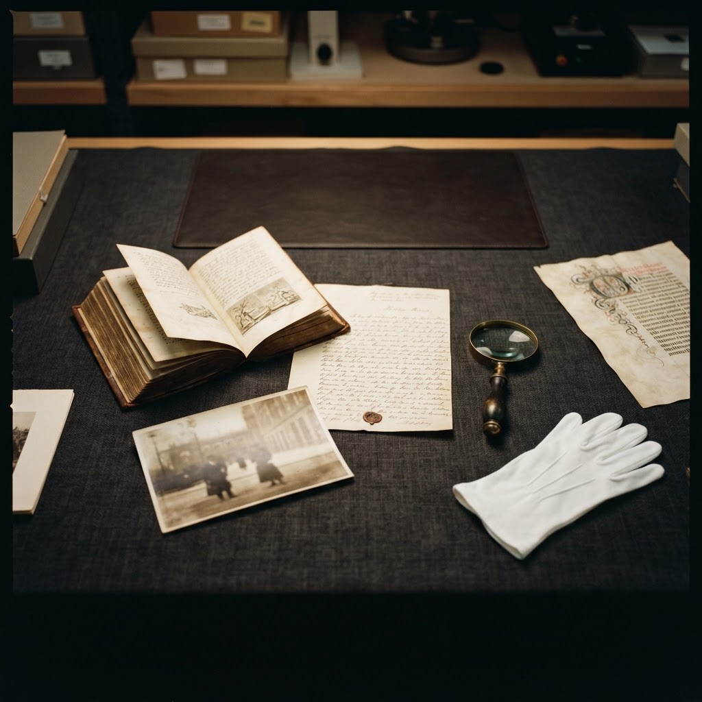 A curator’s archival table arranged with a book, letter, photograph, manuscript, and magnifying glass.