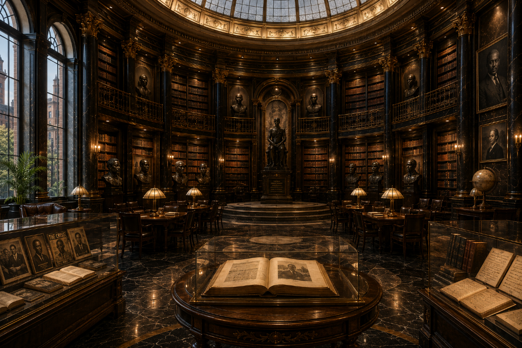 Monumental circular library honoring foundational Black American literature.