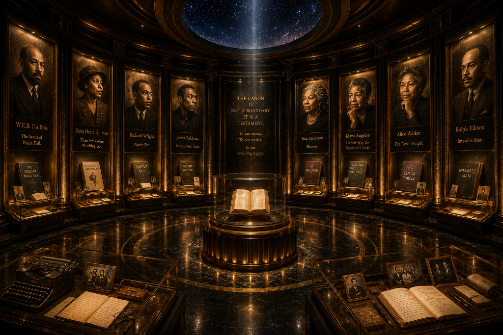 The Canon Chamber — a monumental circular sanctuary welcoming visitors to the Black Canon Wing. A breathtaking rotunda of polished black marble with gold-veined accents, rich walnut wood, and dark bronze features a large circular oculus opening to a star-filled night sky, with a beam of light descending to an illuminated central pedestal holding an open canonical book in a glass display case. Around the perimeter, eight exhibition alcoves pair museum-quality oil portraits of canonical Black American authors — including W.E.B. Du Bois, Zora Neale Hurston, Richard Wright, James Baldwin, Toni Morrison, Maya Angelou, Alice Walker, and Ralph Ellison — with their major works displayed as first-edition treasures. Polished stone floors with circular inlays, warm amber architectural lighting, restrained bronze detailing, elegant columns, and carefully balanced symmetry create an atmosphere of permanence, reverence, and cultural significance — a national literary treasury where the greatest works of Black American literature are preserved as enduring achievements of American civilization.
