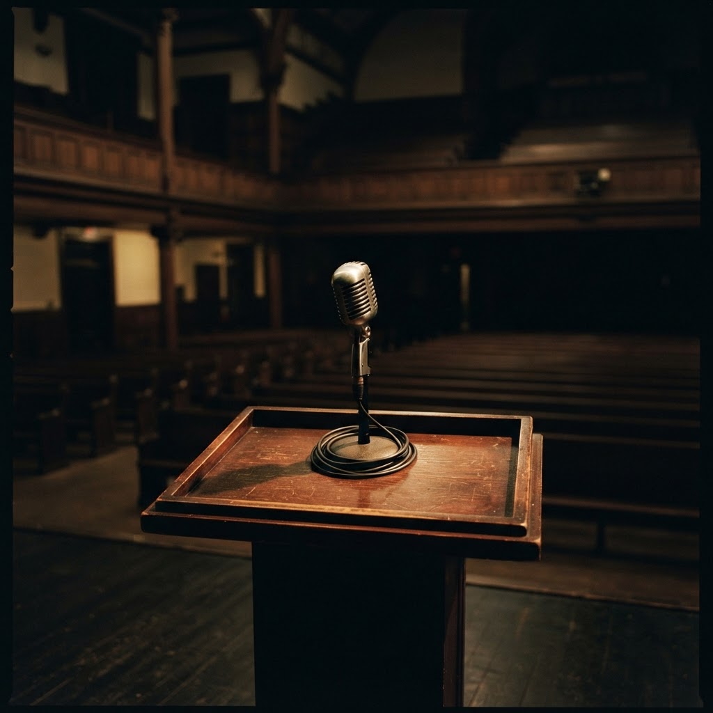 Vintage microphone on a podium in a dim historic auditorium.