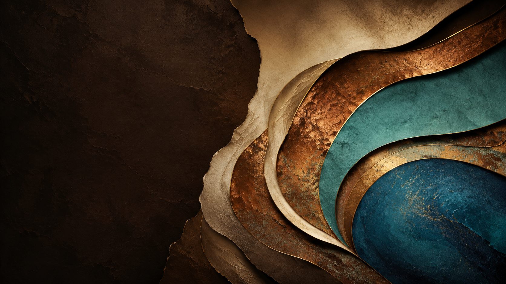 Abstract archival composition on a dark canvas, with copper and teal forms gathering on the right