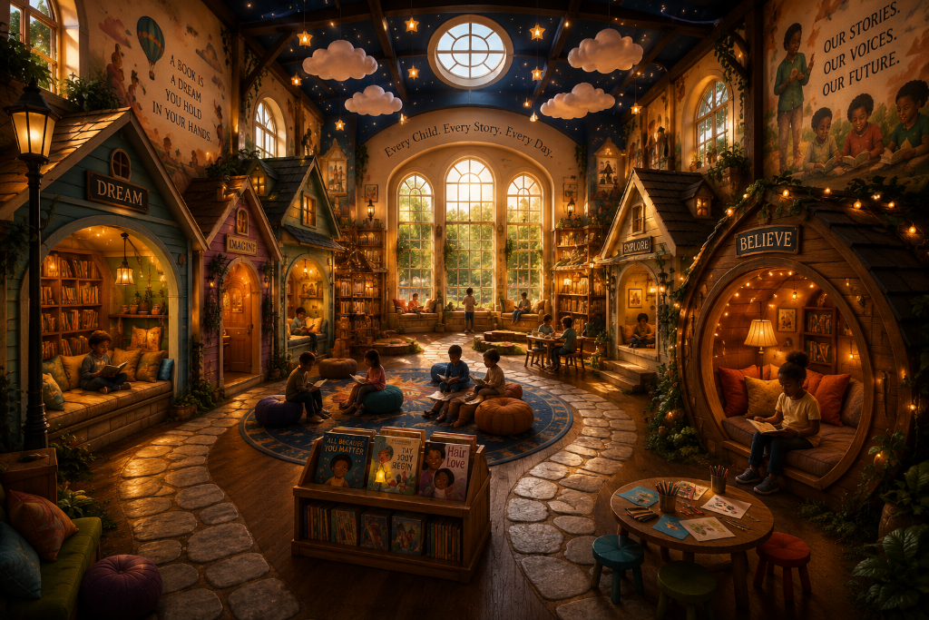 A warm Story Village welcoming visitors to the Children’s Literature Wing — charming reading cottages, cozy story nooks, window seats, winding stone paths, bookshelves, and gathering spaces filled with natural light from skylights and large windows, complemented by warm lantern lighting, where children and families read and explore together.