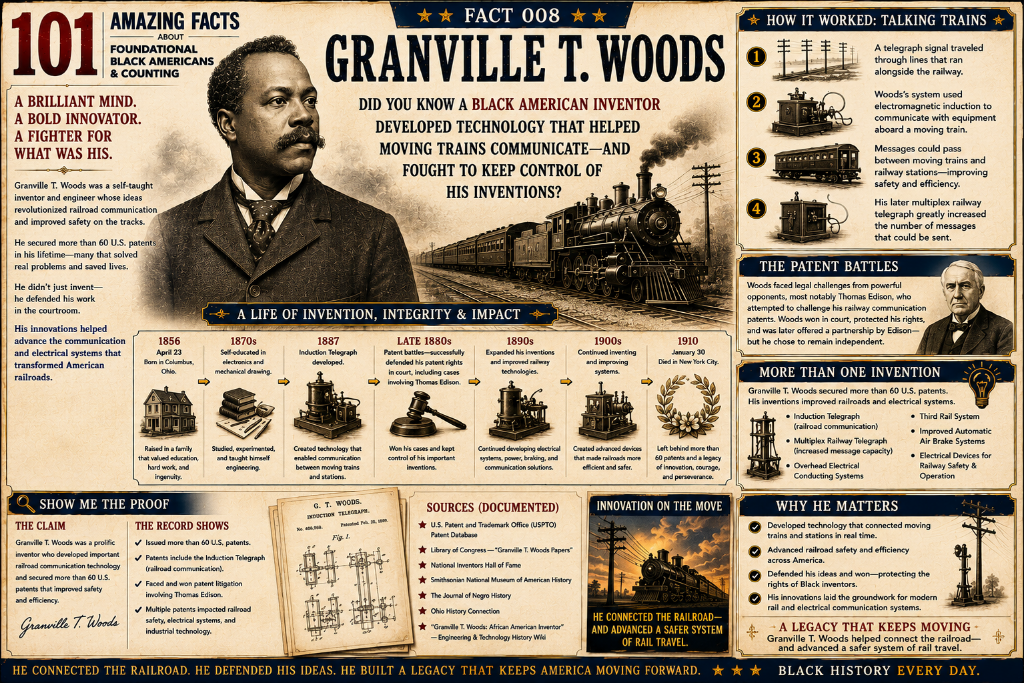 101 & Counting Amazing Fact 008: Granville T. Woods — a Black American inventor who patented the induction telegraph in 1887 and twice defeated Thomas Edison in patent disputes.