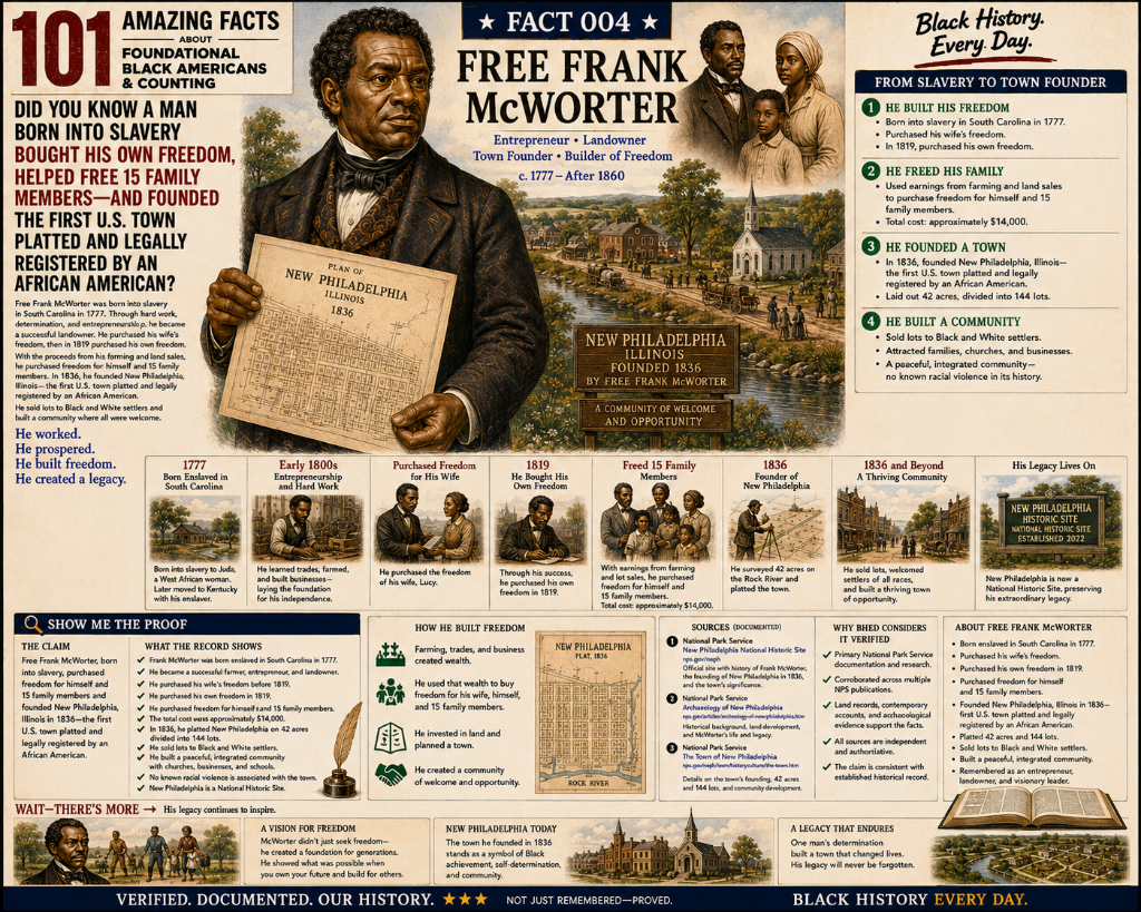 Illustrated historical poster depicting Free Frank McWorter and the founding of New Philadelphia, Illinois, highlighting his journey from enslavement to freedom, entrepreneurship, family liberation, land ownership, and town building.