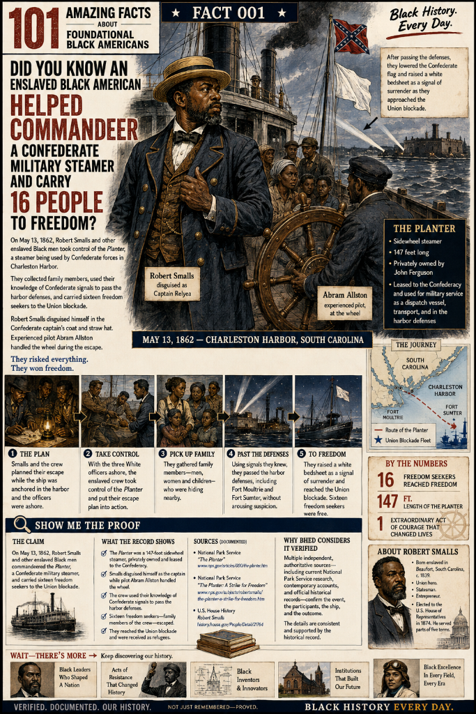Illustrated historical poster depicting Robert Smalls, Abram Allston, the Planter, their families, and the May 13, 1862 escape through Charleston Harbor to the Union blockade.