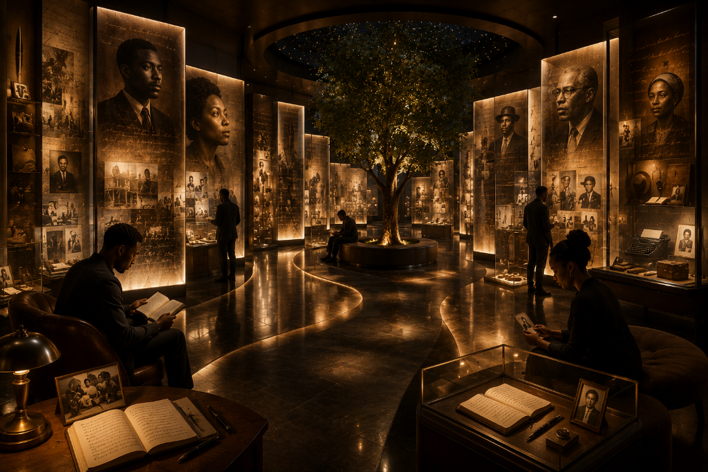 The Hall of Lives — an immersive museum of memory welcoming visitors to the Autobiography & Memoir Wing. A gently curving pathway winds through softly illuminated translucent archival panels glowing warmly from within, displaying sepia-toned portraits, family photographs, handwritten journal pages, personal letters, and treasured artifacts. At the center stands a beautiful illuminated Memory Tree atop a circular dark wood and bronze bench, its dense glowing foliage reaching toward a circular opening in the ceiling revealing a starry night sky. Intimate seating areas with dark leather armchairs and brass desk lamps invite quiet reflection. Rich walnut wood, dark bronze, polished stone floors, and museum-quality glass display cases create a timeless, contemplative atmosphere where every life is remembered.