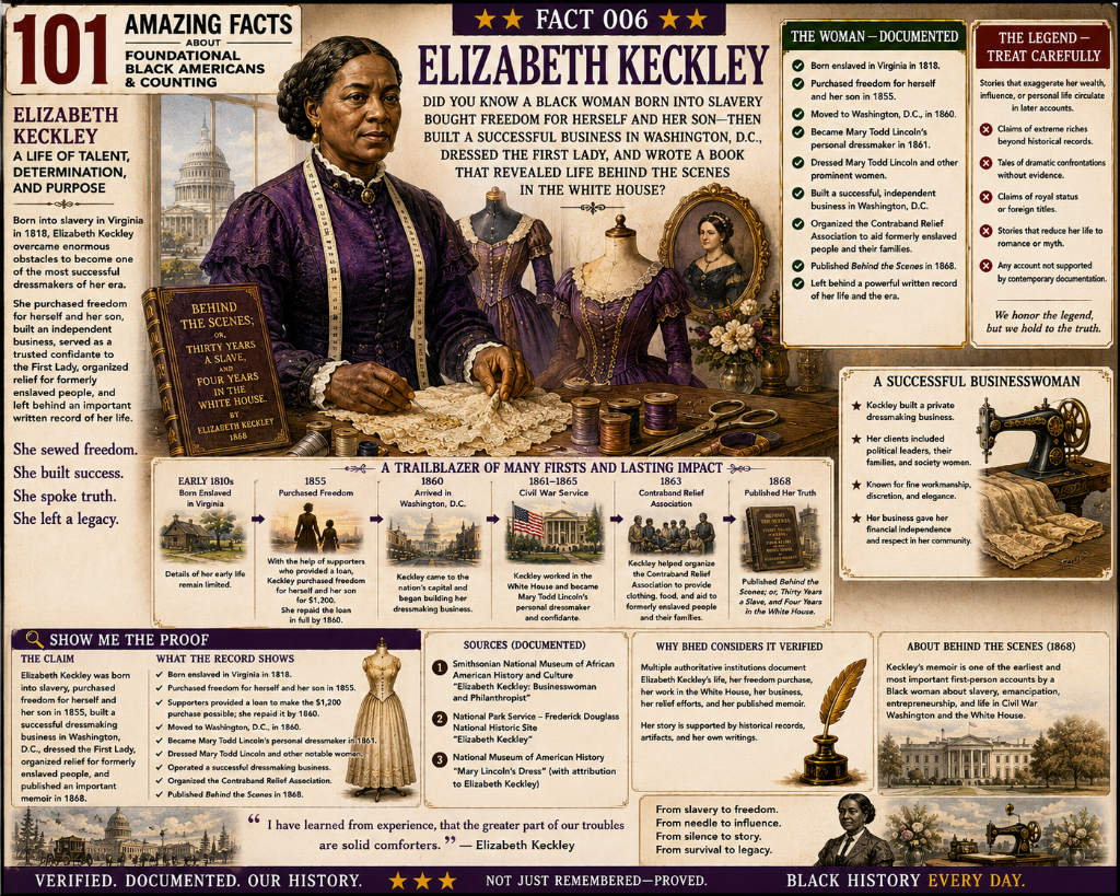 101 & Counting Amazing Fact 006: Elizabeth Keckley — a Black woman born into slavery who purchased her freedom, became dressmaker to First Lady Mary Todd Lincoln, and published her memoir Behind the Scenes in 1868.