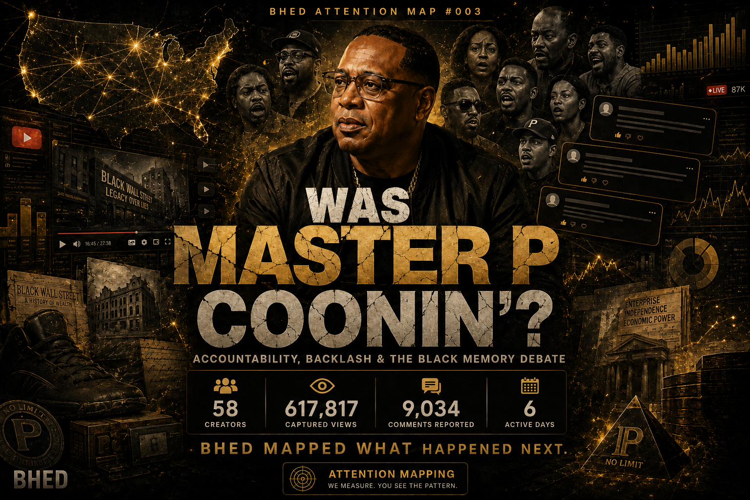 A stylized editorial portrait of Master P seated in reflective light, surrounded by gold-and-charcoal architectural textures symbolizing Black institution-building, historical memory, and public accountability.