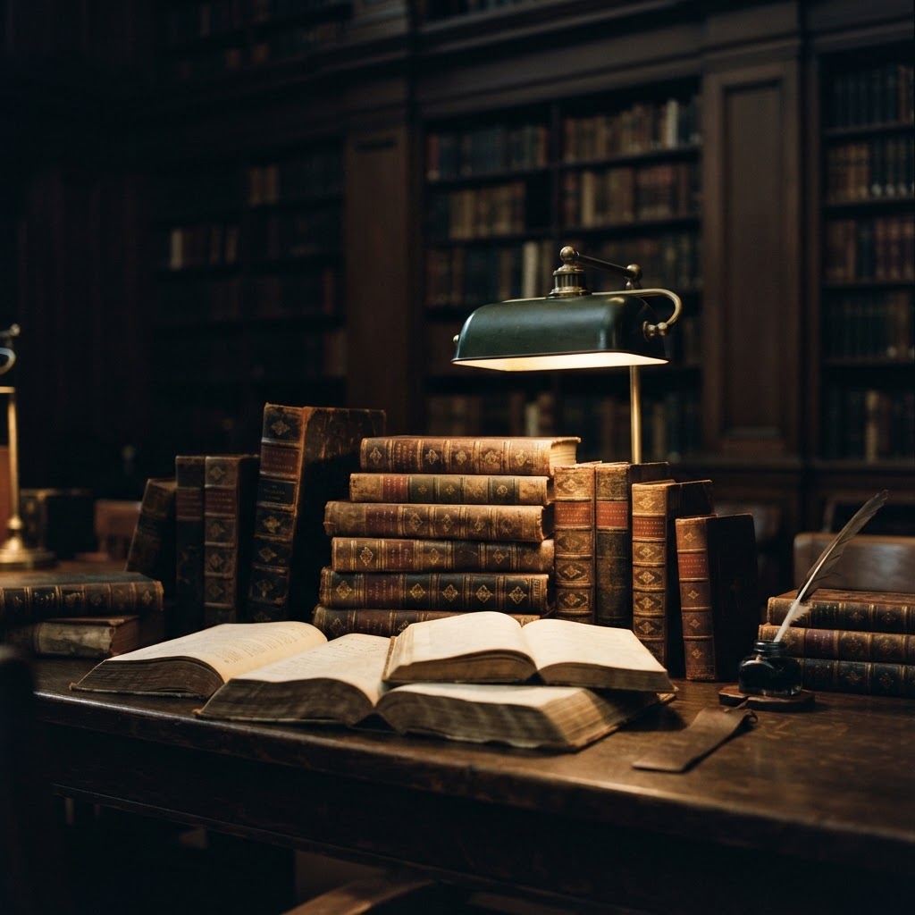 Historic Black American books and leather-bound volumes on a warm-lit reading table.