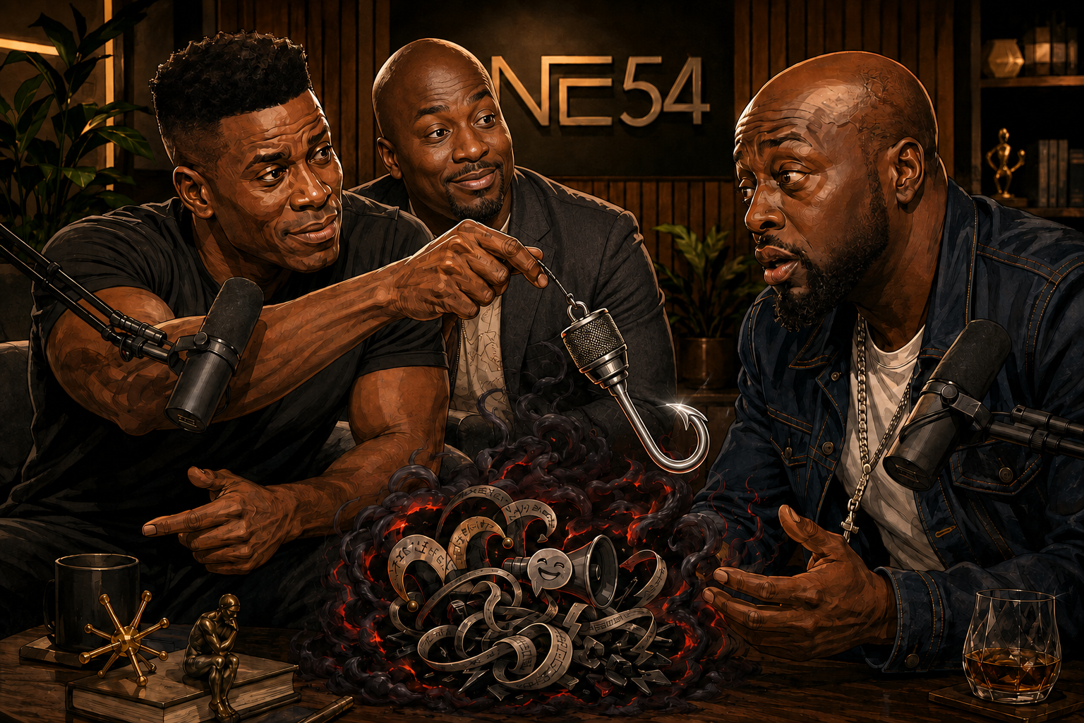 Editorial illustration of Godfrey and Wyclef Jean seated at microphones in the ONE54 studio. Godfrey holds a microphone-shaped fishing hook pointed toward Wyclef over a dark tangled mass, while Akbar watches approvingly behind him.
