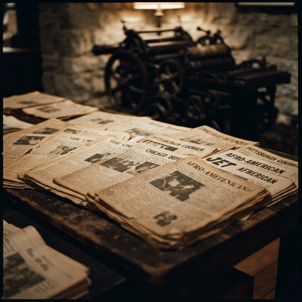 Layered historic Black newspapers and periodicals with deep newsprint texture.