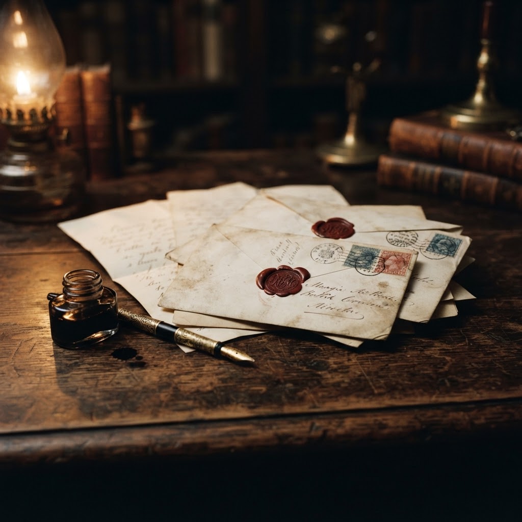 Handwritten letters and aged envelopes with a fountain pen and inkwell in warm lamplight.