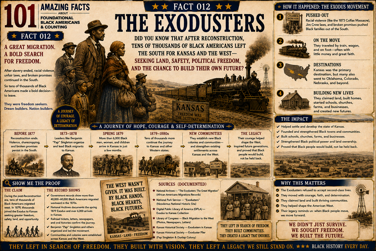 Illustrated historical poster depicting the Exoduster movement, the 1879 mass migration of Black Americans from the post-Reconstruction South to Kansas seeking land, safety, and freedom.