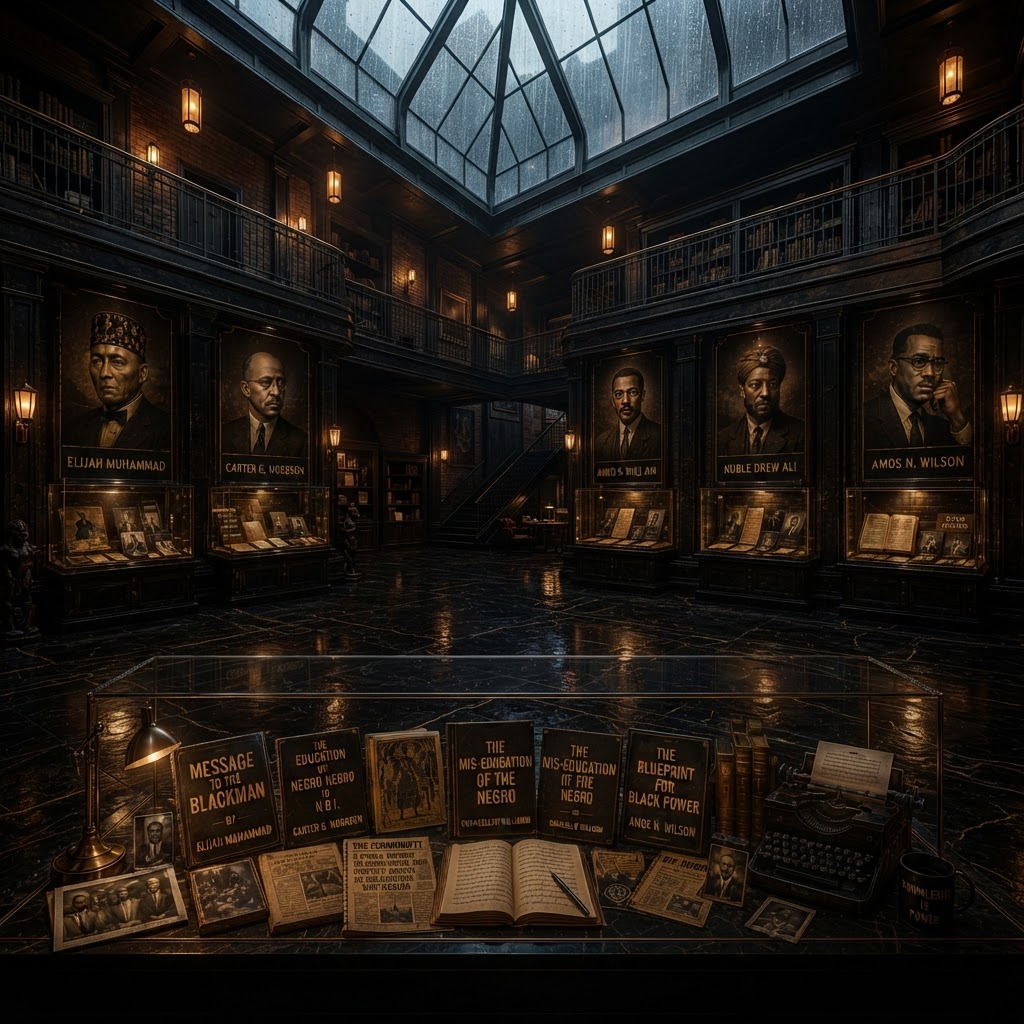 The Shadow Archive — a hidden institutional repository welcoming visitors to the Canon Noir Wing. A grand industrial-Art Deco interior stretches into the distance beneath towering glass skylights where rain falls gently overhead. Wet black marble floors reflect warm amber architectural lighting, creating a cinematic atmosphere of mystery, reflection, and intellectual exploration. Rich walnut shelving, dark bronze detailing, wrought iron balconies, brick walls, and elegant archival display cases line the space. Pools of warm light illuminate rare books, handwritten manuscripts, historical newspapers, journals, typewriters, and carefully preserved first editions. Museum-quality oil portraits of consequential Foundational Black American thinkers — including Carter G. Woodson, Elijah Muhammad, Amos N. Wilson, and Chancellor Williams — are displayed in unified classical museum style. A central glass-topped display table houses vintage books, a black typewriter, framed photographs, and newspaper clippings illuminated by a small brass desk lamp. The architecture encourages visitors to wander deeper into the archive, feeling that every corner contains another overlooked intellectual treasure — a hidden archive where visitors discover influential Black American scholarship that challenged accepted narratives and expanded the boundaries of Black thought.